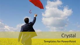  Presentation with stretching - PPT theme with stretching arm towards red umbrella background and a gold colored foreground