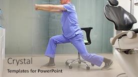  Presentation with dental office - PPT theme with stretching-arms-middle-age-dentist background and a light gray colored foreground