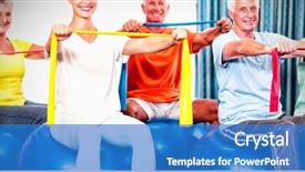  Presentation with exercise class - Amazing slide set having portrait of seniors using exercise ball and stretching bands during sports class backdrop and a teal colored foreground