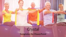  Presentation with exercise class - Slides having portrait of seniors using exercise ball and stretching bands during sports class background and a coral colored foreground