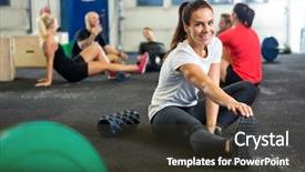  Presentation with lactation young woman breastfeeding - Slides enhanced with stretching exercise at cross training background and a dark gray colored foreground