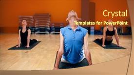  Presentation with exercise trainer - Amazing presentation theme having stretching-exercise-female-yoga-group backdrop and a tawny brown colored foreground