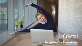  Presentation with executive - PPT layouts having stretching her hands while work background and a gray colored foreground