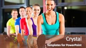  Presentation with group of people praying to god - Cool new slide deck with stretching in gym for better backdrop and a tawny brown colored foreground