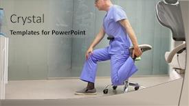  Presentation with dental office - Colorful slide set enhanced with stretching-legs-middle-age-dentist backdrop and a light gray colored foreground