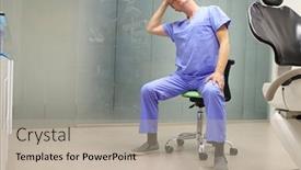  Presentation with dental office - Amazing PPT theme having stretching-neck-middle-age-dentist backdrop and a light gray colored foreground