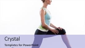  Presentation with posture - Colorful presentation theme enhanced with stretching workout posture by a woman on studio white background backdrop and a light blue colored foreground