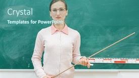  Presentation with pointer - Presentation design having strict teacher standing in front of blackboard in class with a pointer in hand background and a ocean colored foreground
