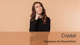  Presentation with critical thinking workshop - Colorful slide deck enhanced with strictness - image of brunette woman 20s backdrop and a coral colored foreground