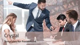  Presentation with employees - Theme having strictness - strict boss talking to employees background and a  colored foreground