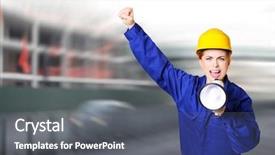  Presentation with street - PPT layouts having striking - young woman with megaphone background and a gray colored foreground