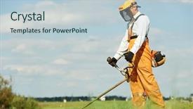  Presentation with welder worker welding and cutting - Presentation theme enhanced with string lawn trimmer mower cutting background and a lemonade colored foreground