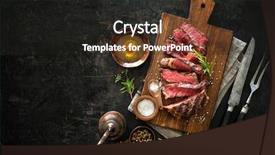  Presentation with grilled - Presentation having strip - sliced medium rare grilled beef background and a dark gray colored foreground