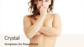  Presentation with white and navy blue - PPT theme having strip tease - young topless caucasian woman background and a  colored foreground
