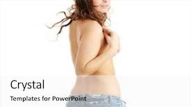  Presentation with blue - Presentation theme consisting of strip tease - young topless caucasian woman background and a  colored foreground