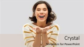  Presentation with young happy people smiling - PPT theme enhanced with striped pullover holding something imaginary background and a coral colored foreground