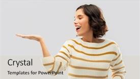  Presentation with young happy people smiling - PPT theme consisting of striped pullover holding something imaginary background and a  colored foreground