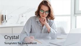  Presentation with concentrated solar power - Beautiful slides featuring striped shirt working with paper backdrop and a light gray colored foreground