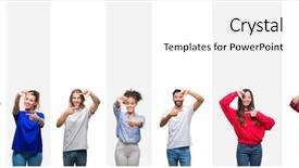  Presentation with young happy people smiling - Slides consisting of stripes isolated background smiling making background and a white colored foreground