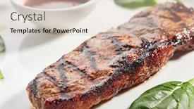  Presentation with meat beef - Colorful slide deck enhanced with striploin-steak-with-sauce-close backdrop and a soft green colored foreground