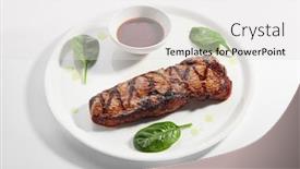  Presentation with meat beef - Cool new slide deck with striploin-steak-with-sauce-close backdrop and a light gray colored foreground