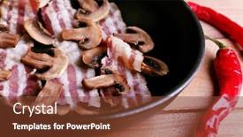  Presentation with bacon - Presentation design having strips of bacon in pan with mushrooms shallot and chili pepper on wooden planks background background and a tawny brown colored foreground