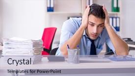  Presentation with stroke - Presentation design having stroke headache - young male businessman employee unhappy background and a light blue colored foreground