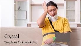  Presentation with car accident - Beautiful presentation design featuring stroke headache - young man after car accident backdrop and a soft green colored foreground