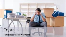  Presentation with stroke - PPT layouts having stroke headache - young man employee with boxes background and a light gray colored foreground