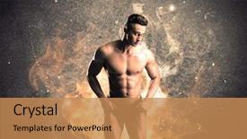  Presentation with flames - Beautiful presentation featuring strong athletic guy looking seductive while working out with weight in front of a burning fire concrete wall and big flames concept backdrop and a coral colored foreground