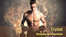  Presentation with weight - Audience pleasing theme consisting of strong athletic guy looking seductive while working out with weight in front of a burning fire concrete wall and big flames concept backdrop and a tawny brown colored foreground