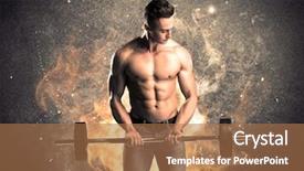  Presentation with weight - PPT layouts consisting of strong athletic guy looking seductive while working out with weight in front of a burning fire concrete wall and big flames concept background and a coral colored foreground