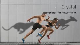  Presentation with sportswear - PPT theme having strong-athletic-man-and-woman background and a light gray colored foreground