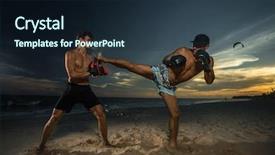  Presentation with exercise trainer - Theme consisting of cross fit athletes perform - strong boxer doing back leg background and a wine colored foreground