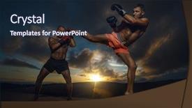  Presentation with exercise trainer - Presentation design featuring strong boxer doing kickboxing exercise background and a wine colored foreground