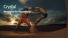  Presentation with exercise trainer - Slide set enhanced with strong boxer doing kickboxing exercise background and a tawny brown colored foreground