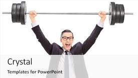  Presentation with heavy weight - Slide set featuring strong businessman lifting a heavy background and a white colored foreground