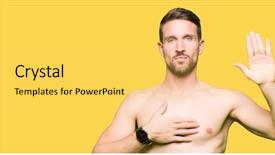  Presentation with hand palm - PPT theme consisting of strong faith - handsome shirtless man showing nude background and a yellow colored foreground