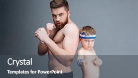  Presentation with father son and looking - Cool new presentation theme with strong family - portrait of athletic bearded father backdrop and a dark gray colored foreground