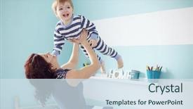  Presentation with young children playing - Audience pleasing PPT theme consisting of strong family - young mother playing with her backdrop and a sky blue colored foreground