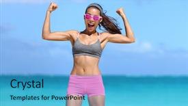  Presentation with flexing - Slide deck with strong fitness woman showing off background and a teal colored foreground