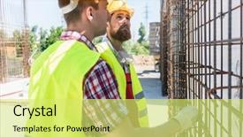  Presentation with reinforcement steel - PPT theme featuring strong foundation - two blue-collar workers wearing safety background and a yellow colored foreground