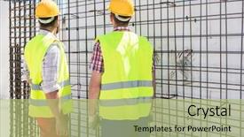  Presentation with reinforcement steel - Audience pleasing presentation design consisting of strong foundation - two blue-collar workers wearing safety backdrop and a mint green colored foreground