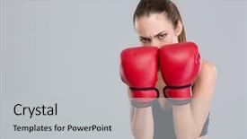  Presentation with boxing - Colorful presentation theme enhanced with strong intense young fitness woman covered her face with boxing gloves over grey background backdrop and a light gray colored foreground