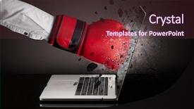  Presentation with laptop screen frame - Colorful slide set enhanced with strong male hand breaks laptop backdrop and a  colored foreground