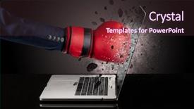  Presentation with laptop screen frame - Cool new slide deck with strong male hand breaks laptop backdrop and a  colored foreground