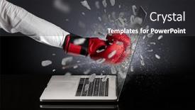  Presentation with strong - Cool new PPT theme with strong male hand breaks laptop screen backdrop and a dark gray colored foreground