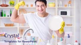  Presentation with good neighbor - Slide set with strong man - good husband washing dishes background and a sky blue colored foreground