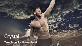  Presentation with music and athletic teams - Beautiful presentation theme featuring strong man - triumphant athletic businessman backdrop and a  colored foreground