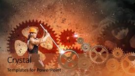  Presentation with mechanic - Amazing presentation theme having strong man mechanic in uniform backdrop and a  colored foreground